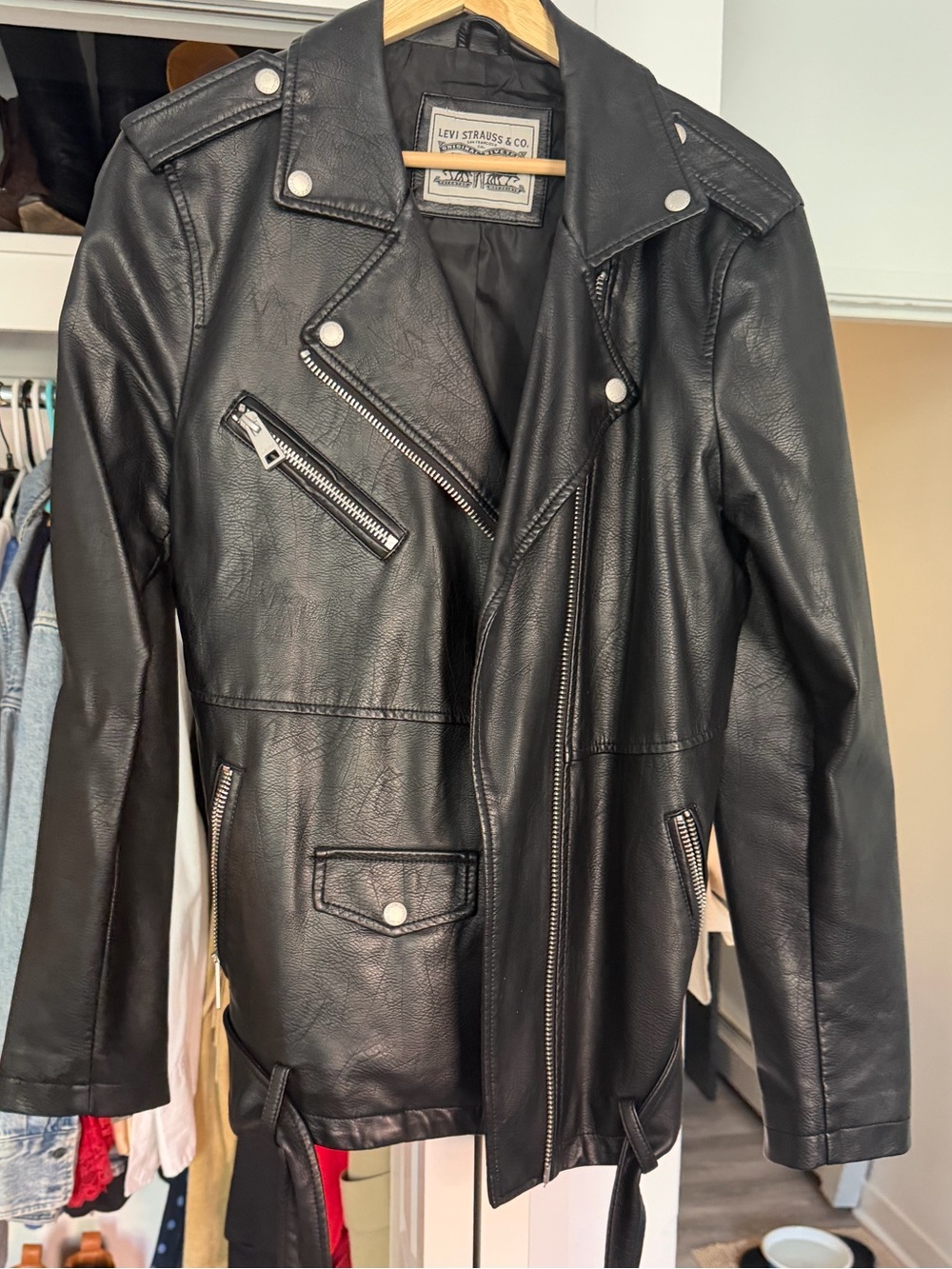Levi's Black Faux Leather Moto Jacket. Size Large